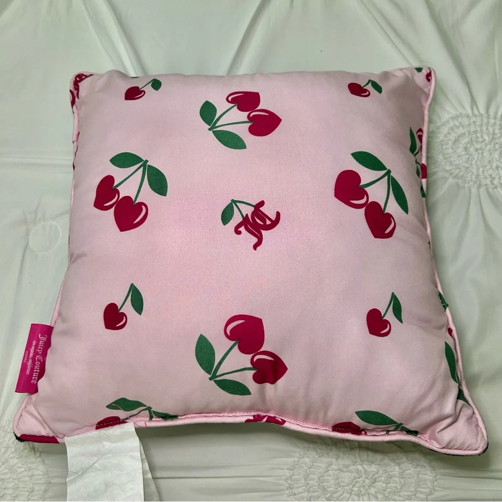 Juicy Couture Black & Pink Novelty Cherry Print Logo Accent Pillow